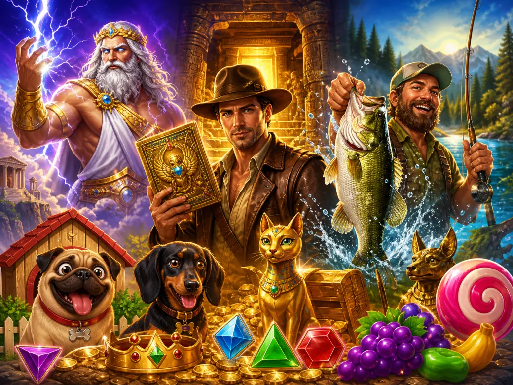 Illustration depicting mythical and adventure-themed slot game characters and symbols against a vibrant game world backdrop.